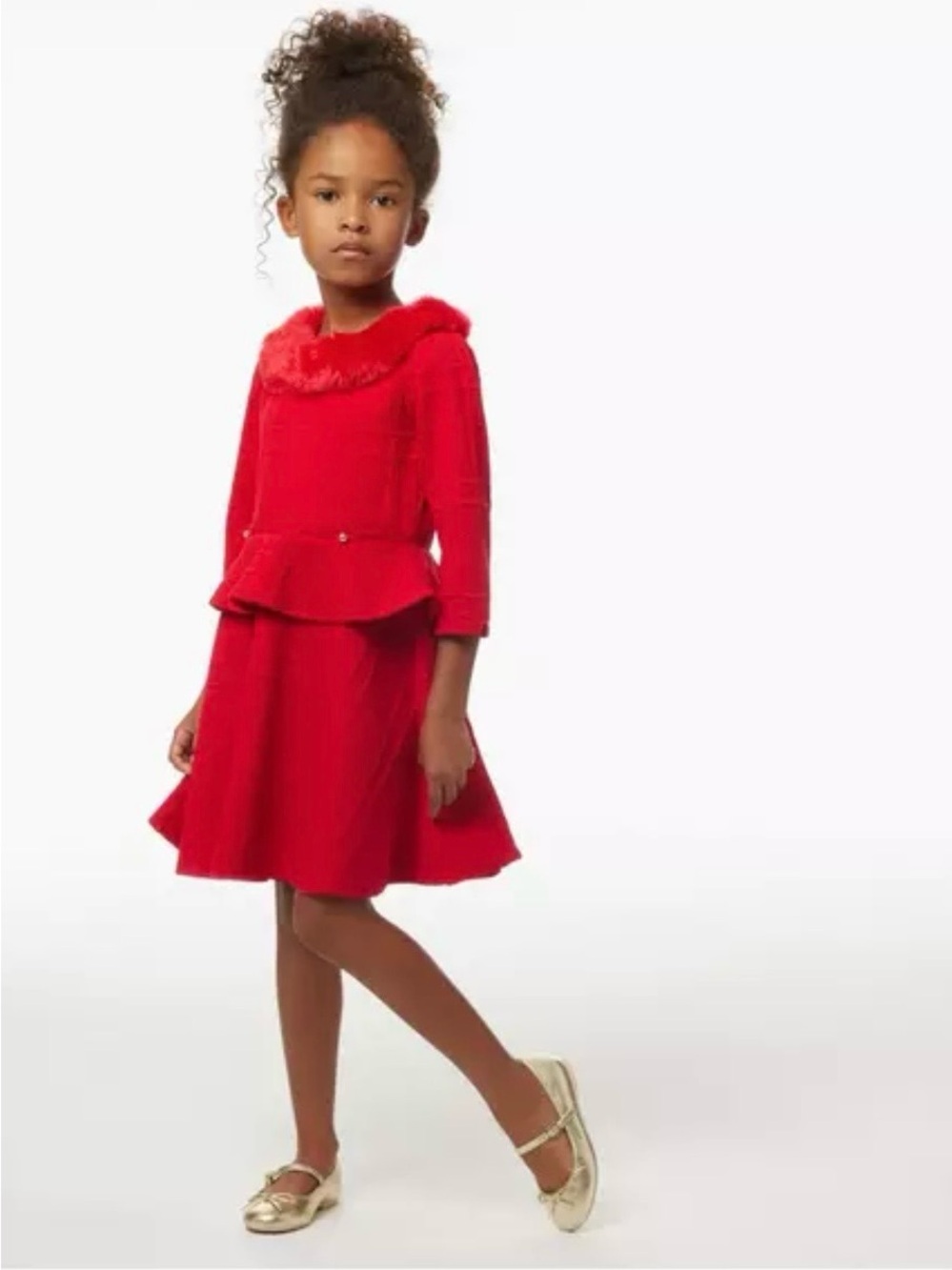 Janie and Jack Red Faux Fur Collar Jacquard Dress